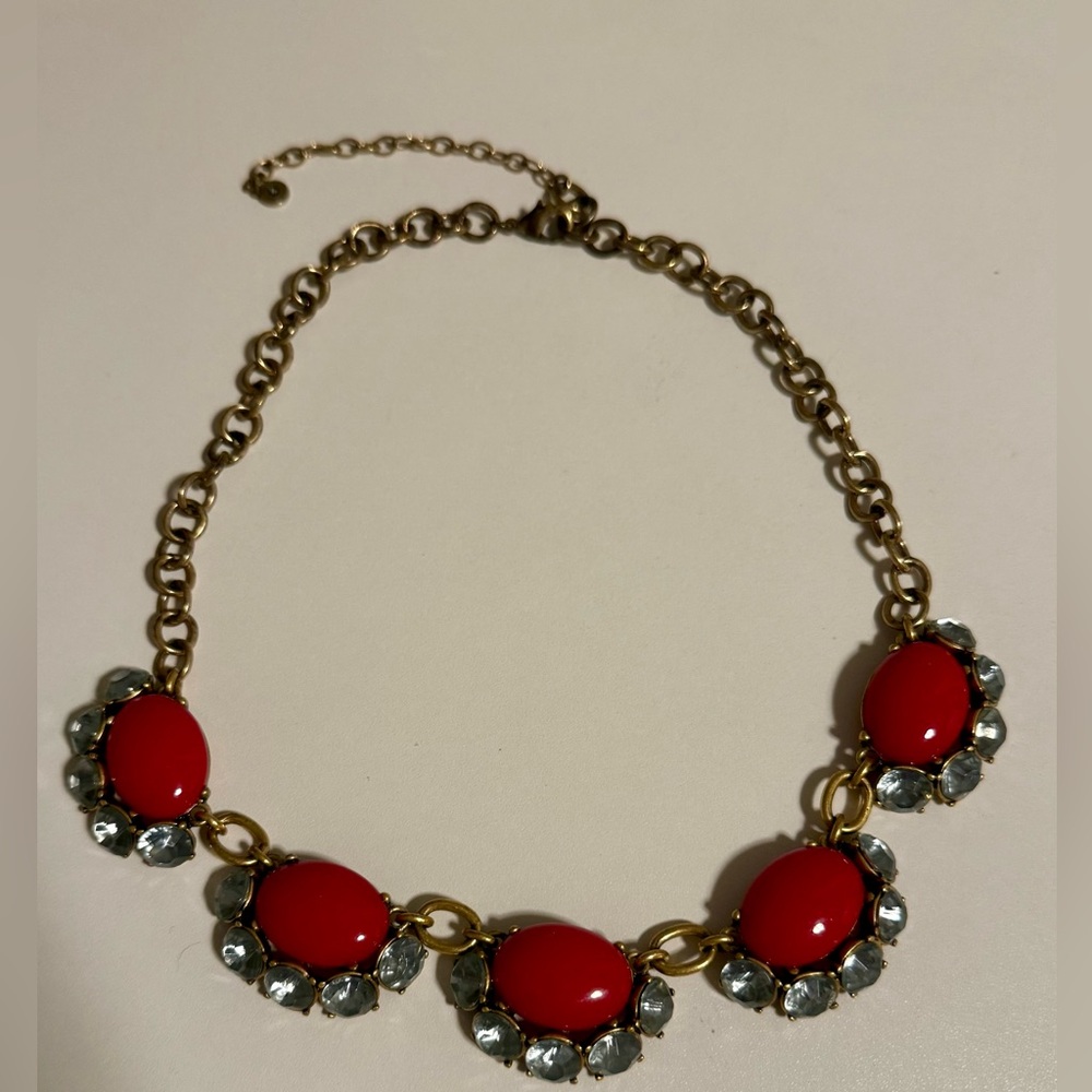 Stella & Dot Mae Gold-Tone Red Statement Necklace with Clear Crystal Accents
